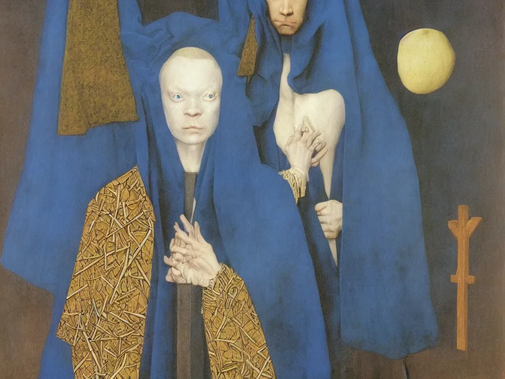 Image similar to Portrait of albino mystic with blue eyes, with cross. Painting by Jan van Eyck, Audubon, Rene Magritte, Agnes Pelton, Max Ernst, Walton Ford