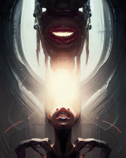 Image similar to professional concept art portrait of a predatory robotic species in a dark room by artgerm and greg rutkowski. an intricate, elegant, highly detailed digital painting, concept art, smooth, sharp focus, illustration, in the style of cam sykes, wayne barlowe, igor kieryluk.
