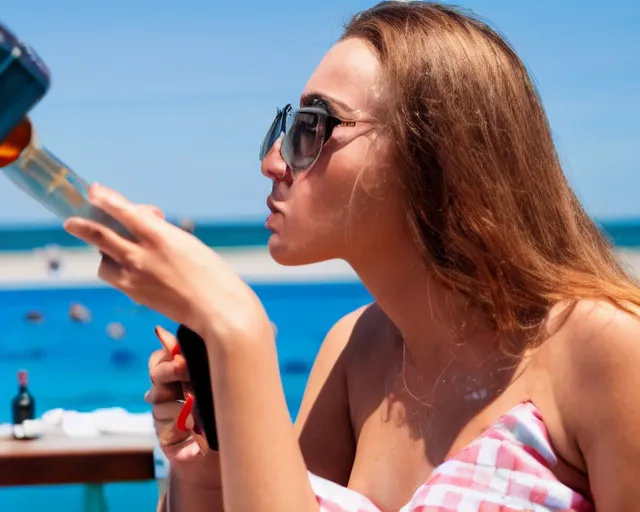 Prompt: an over-heated young woman serving people alcohol under the hot sun, photograph, 4k UHD