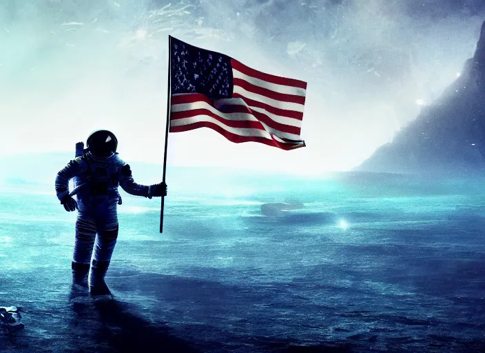 Image similar to astronaut holding a flag in an underwater desert. a submarine is visible in the distance. dark, concept art, cinematic, dramatic, atmospheric, 8 k, trending on artstation, blue, fish, low visibility, fog, ocean floor, christopher nolan, interstellar