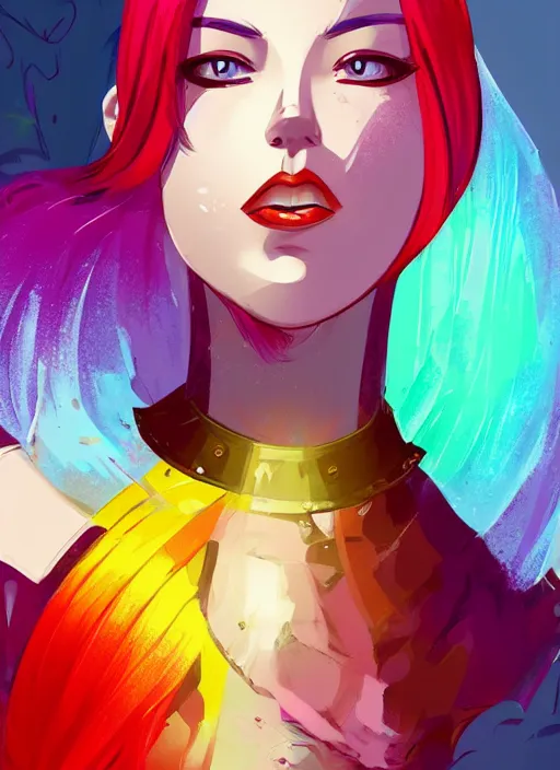 Image similar to a young woman in full plate armor with beautiful rainbow hair and red lips in a dramatic pose. she is a knight. clean cel shaded vector art. shutterstock. behance hd by lois van baarle, artgerm, helen huang, by makoto shinkai and ilya kuvshinov, rossdraws, illustration, art by ilya kuvshinov