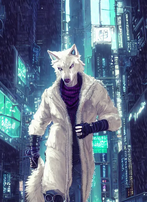 Prompt: character portrait of a male anthro albino wolf fursona with a tail and a cute beautiful attractive detailed furry face wearing stylish cyberpunk clothes in a cyberpunk city at night while it rains. hidari, color page, tankoban, 4K, tone mapping, Akihiko Yoshida. Nomax, Kenket, Rukis.