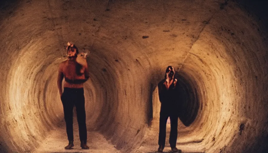 Prompt: 1 9 7 0 s movie still of a man in a tunnel of stomach, cinestill 8 0 0 t