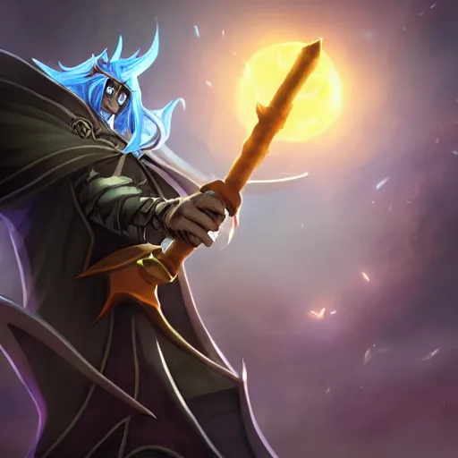 Image similar to Karthus from League of Legends holding a magical staff, laughing, anime art style