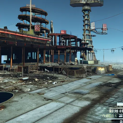 Prompt: Santa Monica Pier in ruins post-nuclear war in Fallout 4, in game screenshot