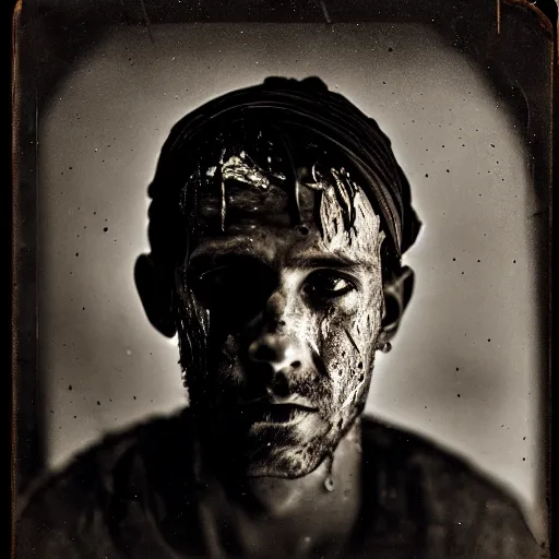 Image similar to A wet-collodion portrait of a man who comes back from a horrific war, he stares into the distance as his eyes show glimmers of hope, depth of field, 50mm lens, studio lighting, high contrast