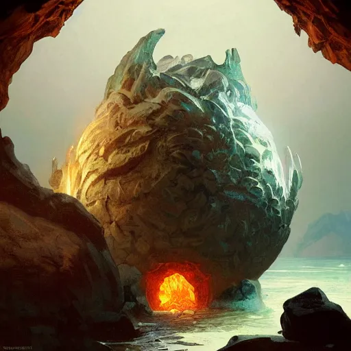 Image similar to A large flaming dragon egg in a nest hidden inside a rocky cave, fantasy art by greg rutkowski and alphonse mucha, highly detailed, digital painting, matte painting, concept art, illustration, oppressive lighting, trending on artstation, very detailed