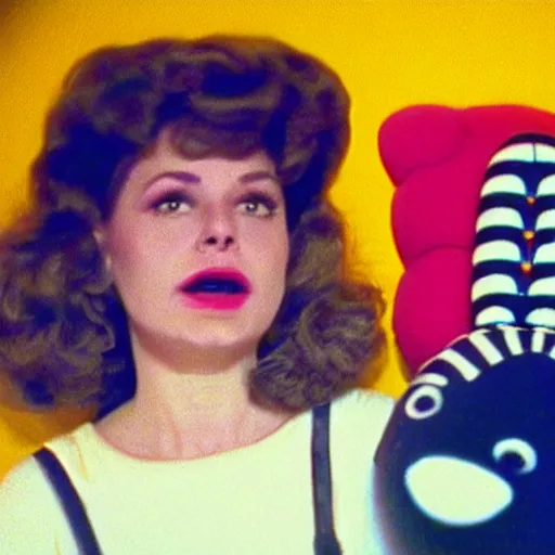 Image similar to bored housewife meets a sad inflatable toy in a seedy motel room, 1978 color Fellini film, ugly motel room with dirty walls and old furniture, archival footage, technicolor film, 16mm, live action, John Waters, campy and colorful