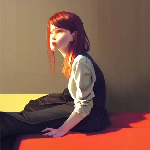 Image similar to hacker girl sits at an apple ] [ e, realistic shaded lighting poster by ilya kuvshinov katsuhiro otomo, magali villeneuve, artgerm, jeremy lipkin and michael garmash and rob rey