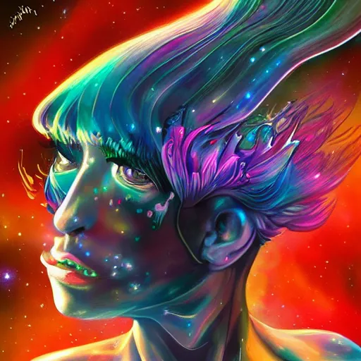 Prompt: lady gaga, korean mythology, galaxies and nebula flowing out of his body, artgerm, psychedelic floral planets, studio ghibli painterly style, trending on artstation