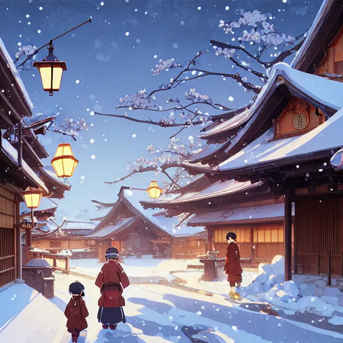 Image similar to japanese rural town, winter, in the style of studio ghibli, j. c. leyendecker, greg rutkowski, artem