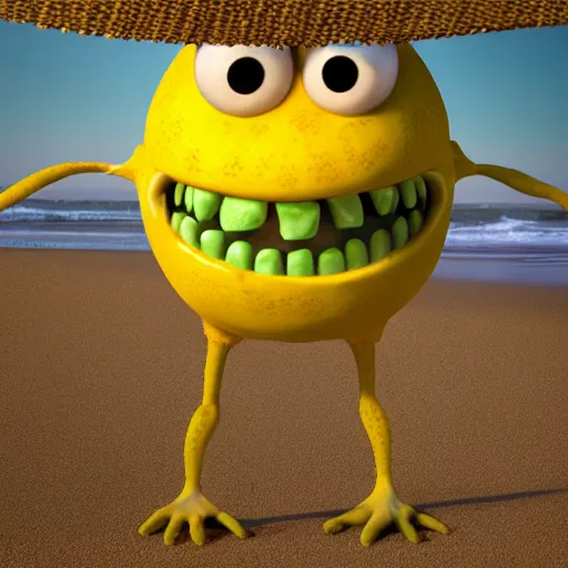 Image similar to 3 d render, of anthropomorphic lemon character that looks like a monster from the movie monsters inc, with lemon skin texture, he is wearing a hat, building a sandcastle on the beach at sunset, beach, huge waves, sun, clouds, long violet and green trees, rim light, cinematic photography, professional, sand, sandcastle, volumetric lightening