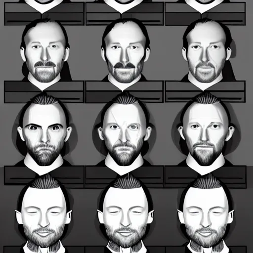 Image similar to versions sprite sheet of variations, hyper realistic, many variations of thom yorke, face variations, various emotions, various poses, high quality, brush stroke, intricate details, beautiful lighting