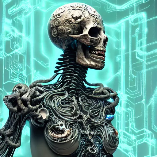 Image similar to cybernetic deity with circuitry structure skull and networked mind tripping on acid, intricate detail, lovecraft, royo, whealan, giger, klimt, hd, octane render, unreal engine,