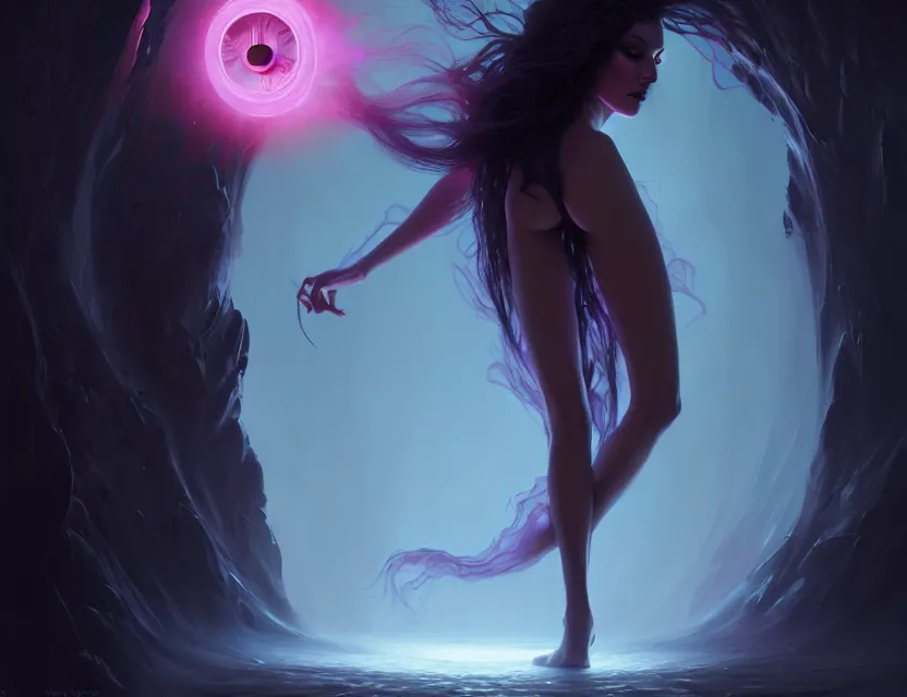 Prompt: a dark vaguely feminine entity emerges from the portal, a beautiful digital painting by wlop, volumetric lighting, intricate details, ultra realistic, by art germ, by gerald brom, fantasypunk, deep colors, amazing d & d art, trending cgsociety, artstation, sharp