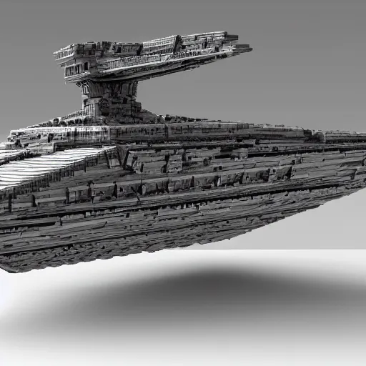 Image similar to a model of a star destroyer on a wooden stand, an ambient occlusion render by piranesi, trending on cg society, kinetic art, greeble, high detailed, voxel art