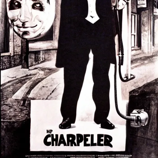 Image similar to Charlie Chaplin as The Terminator, movie poster, dramatic lightning