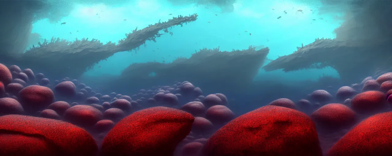 Image similar to A gorgeous detailed oil of a dark red sea covered in big blue steep rocks, a school of piranhas underwater, the further away the mistier it gets, surreal, concept art, dark aesthetic, atmospheric, moody, hyperrealism, highly detailed, masterpiece, award winning, 4k, unreal engine