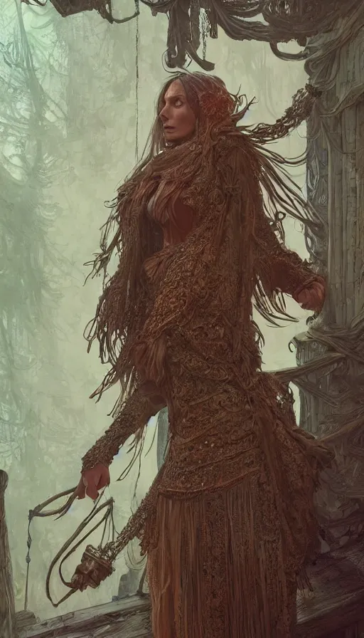 Image similar to baba yaga, sweaty, intricate fashion clothing, insane, intricate, highly detailed, digital painting, artstation, concept art, smooth, sharp focus, illustration, Unreal Engine 5, 8K, art by artgerm and greg rutkowski and alphonse mucha