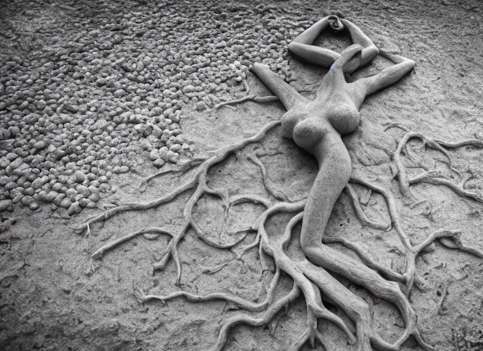 Image similar to dslr esculpture made from roots interwovem in the shape of a woman in the bottom of the sea, 8 5 mm f 1. 8