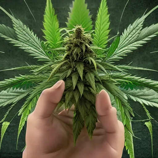 Image similar to the satana spreads his hands against the background of growing cannabis. realistic rendering