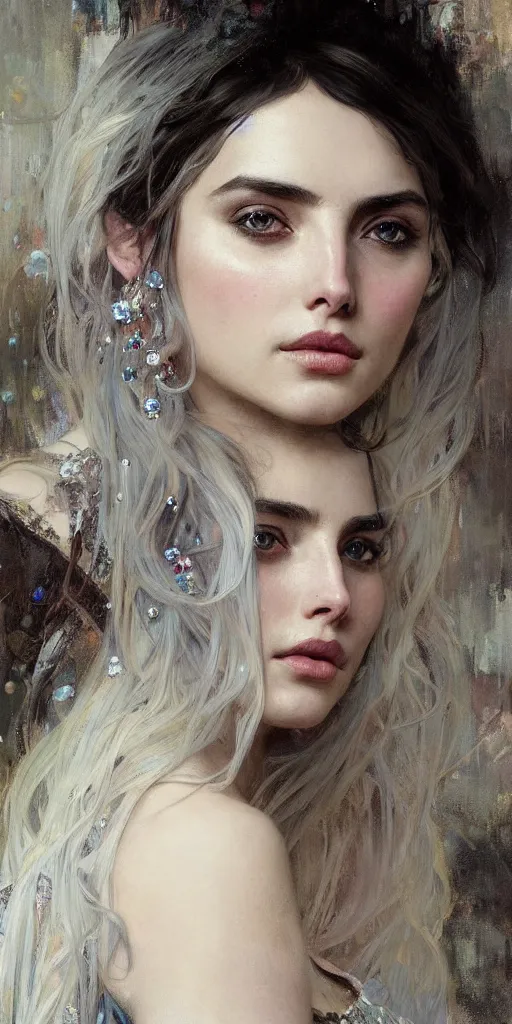 Prompt: a highly detailed beautiful white haired woman, ana de armas, adorned with precious stones, intricate line drawings by jeremy mann and alphonse mucha, 8 k resolution, trending on artstation, very very detailed, masterpiece, stunning,