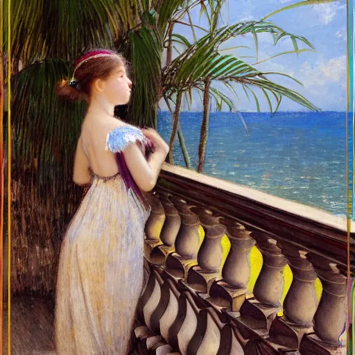 Image similar to a ultradetailed beautiful painting of a girl in the amazonas palace balustrade designed by jules bastien - lepage, hans belmer, frank weston and gustave baumann, beach, trending on artstation, mediterranean, palm trees, refracted color sparkles, sharp focus, soft light, 8 k 4 k