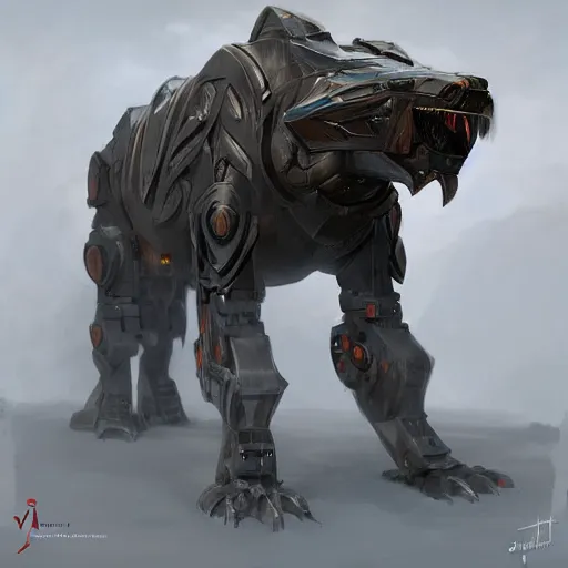 Image similar to armored robotic panther, matte painting concept art by jama jurabaev and by vitaly bulgarov