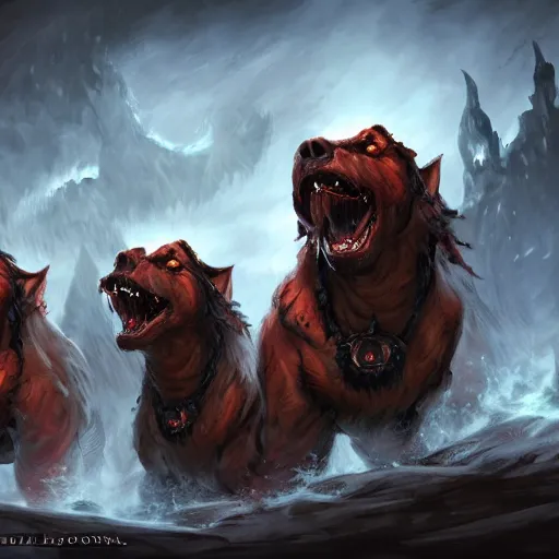 Prompt: three headed hellhound, hell background, cerberus monster, epic fantasy style, in the style of Greg Rutkowski, hearthstone artwork