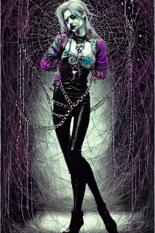 Image similar to dreamy gothic girl, black leather slim clothes, chains, colorful rings, beautiful body, detailed acrylic, grunge, intricate complexity, by dan mumford and by alberto giacometti, peter lindbergh