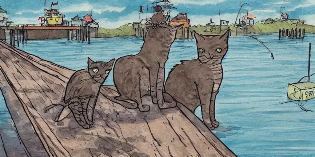 Image similar to cat sitting on the pier fishing, cartoon