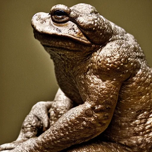 Prompt: toad philosopher The Thinker, swamp, by Auguste Rodin, symmetric, by Irving Penn, bokeh , top cinematic lighting , cinematic mood, very detailed, shot in canon