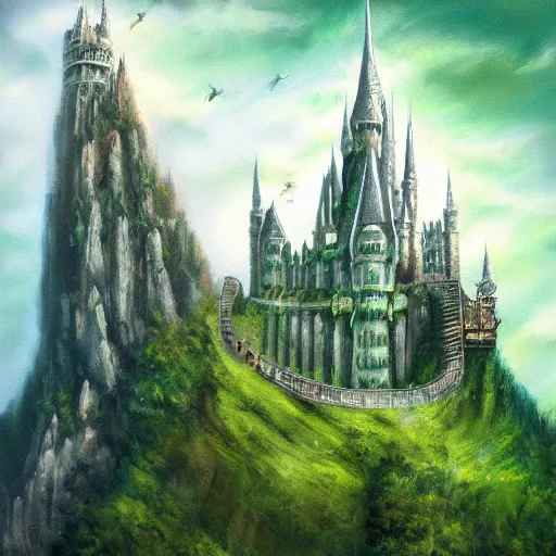 Prompt: light oil painting of tolkien inspired high castle with wizard towers and walls, elegant architecture on top of a green forest, artstation