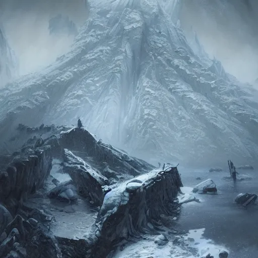 Image similar to at the mountains of madness by h. p. lovecraft, antarctic mountains, edritch city, painted by seb mckinnon, high detail, dramatic light, digital art, painted by greg rutkowski, promotional movie posterart, trending on artstation