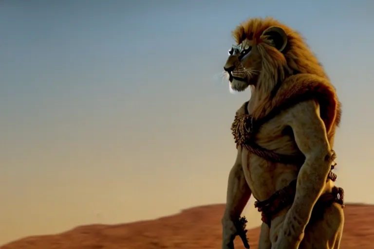 Image similar to simba ( from the lion king ), heavily armed and armored facing down armageddon in a dark and gritty reboot from the makers of mad max : fury road : witness me