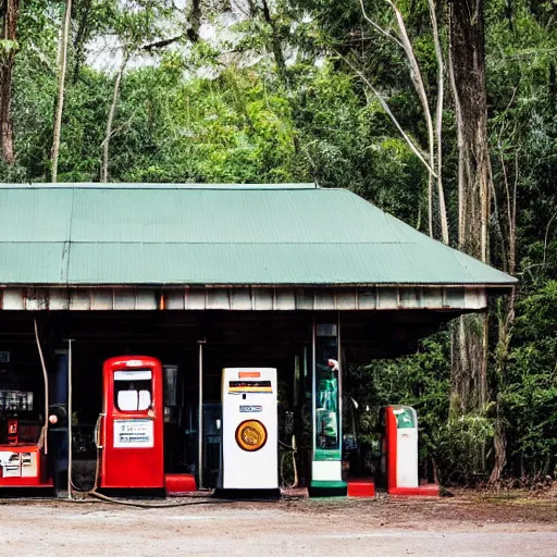 Image similar to An old Gas station in a dense jungle