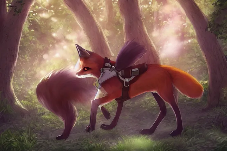 Prompt: an oversized fox, saddled and harnessed, walking through a forest, glowing with silver light, today's featured anime still, 1 6 k, character design, furry art, furaffinity