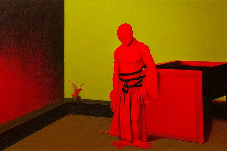 Image similar to only with red, a red samurai do seppuku, tokio, a lot of frogs watch, in the style of beksinski, parts by edward hopper, parts by rodcenko, parts by yue minjun, intricate and epic composition, red by caravaggio, insanely quality, highly detailed, masterpiece, red light, artstation, 4 k