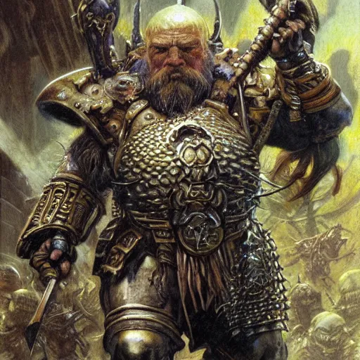 Image similar to art by donato giancola and bayard wu and gustav moreau and wayne barlowe, a fantasy cinematic close up shot of a dwarf berserker, warhammer, dnd, last stand