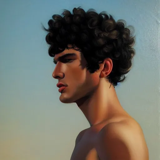 Image similar to oil painting by ilya kuvshinov, baugh casey, rhads, coby whitmore, of a youthful persian - indian college student, male, handsome, high cheekbones, large sensual mouth, curly black hair, outdoors, highly detailed, breathtaking face, studio photography, dawn, intense subsurface scattering, blush, supple look, innocence, intense sunlight