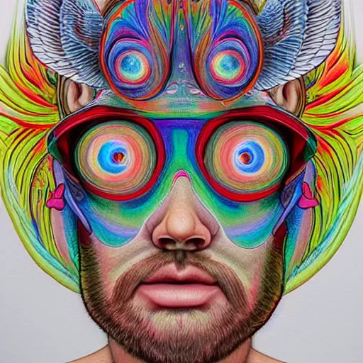 Prompt: a double vision psychedelic drawing of a very symmetrical portrait a face with an angel halo with a muted color palette, the face has compound eyes human eyes!!, style of oil painting by chris dyer, holographic double vision