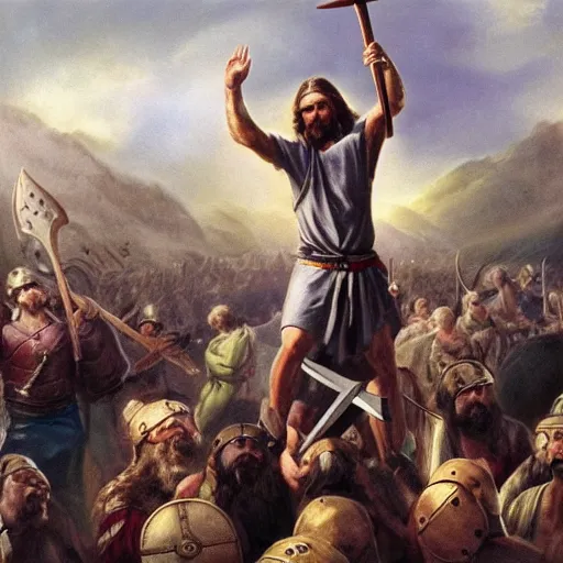 Prompt: Jesus Christ as a viking holding a battle axe yelling and raising his arms