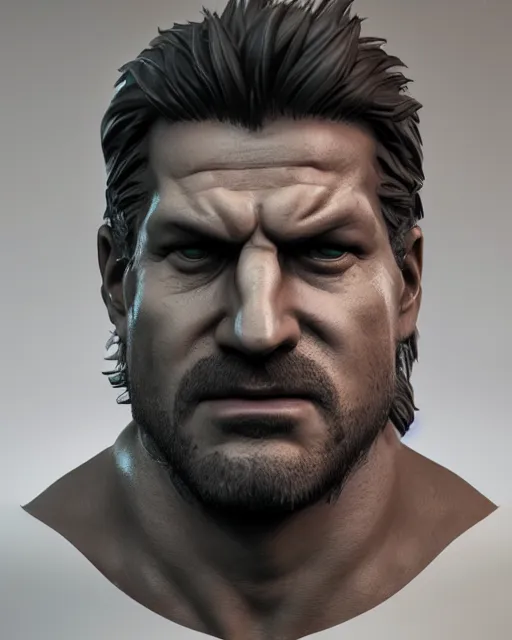 Image similar to solid snake bust portrait, cinematic lighting, backlit face, tired expression, close - up, black atmospheric background, 4 k ultra detailed photorealistic render, best of artstation hdr, redshift houdini