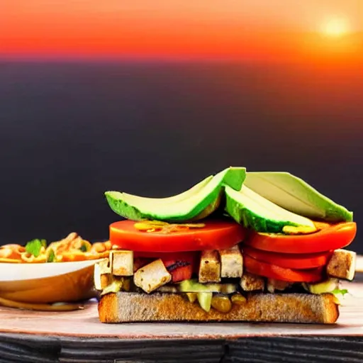 Image similar to sandwich with roasted tofu, also tomato, onion, avocado and cheddar, over a dish and over a table, sunset background with saturn in the sky, studio photo, amazing light