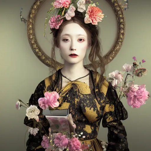 Image similar to 8k, octane render, realism, tonalism, renaissance, rococo, baroque, portrait of a young lady wearing long harajuku manga dress with flowers and skulls, background chaotic gold leaf flowers