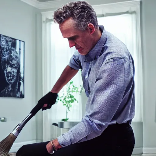 Image similar to close shot of hyperrealistic jordan peterson cleaning his room, award winning artstation