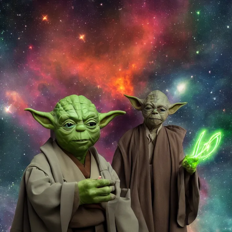 Image similar to a george costanza and yoda hybrid from star wars, high quality portrait photoshoot, bokeh, studio lighting, high fashion photoshoot, nebula space background, 8 k