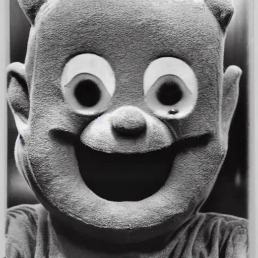 Image similar to Vintage Mugshot photo of a Psychopathic Teletubby with a creepy grin, horror, monochrome, damaged