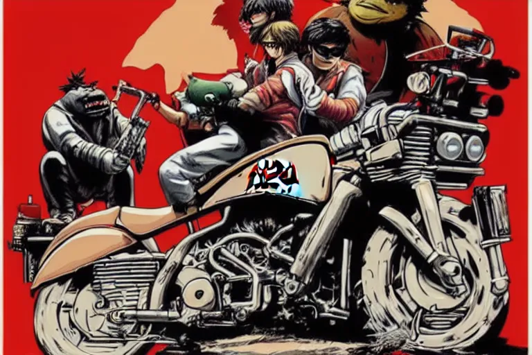 Image similar to pizza the hut, akira's motorcycle, gorillaz, poster, high quality