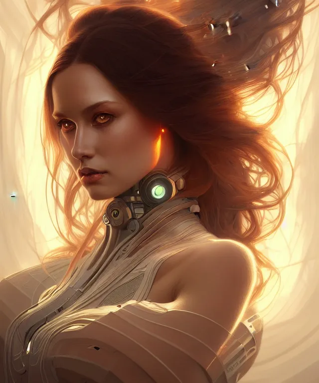 Image similar to futuristic woman portrait, sci-fi, amber eyes, face, long hair, fantasy, intricate, elegant, highly detailed, digital painting, artstation, concept art, smooth, sharp focus, illustration, art by artgerm and greg rutkowski and alphonse mucha